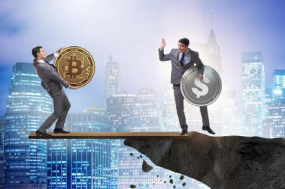 Man holding bitcoin logo while man holding dollar sign logo sends him off a cliff